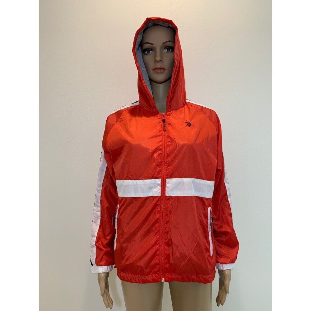 US Polo Women Medium Jacket Zip Hooded Pocket Red Long Sleeves